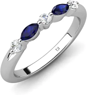 0.29 ctw Marquise Blue Sapphire and Round Natural Diamond Women Stackable Wedding Band in 14K Gold