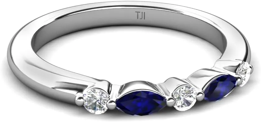0.29 ctw Marquise Blue Sapphire and Round Natural Diamond Women Stackable Wedding Band in 14K Gold