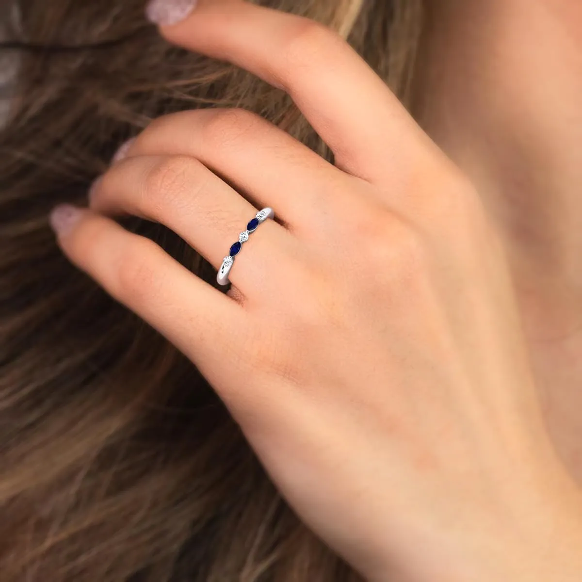 0.29 ctw Marquise Blue Sapphire and Round Natural Diamond Women Stackable Wedding Band in 14K Gold