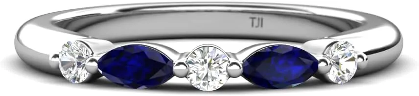 0.29 ctw Marquise Blue Sapphire and Round Natural Diamond Women Stackable Wedding Band in 14K Gold