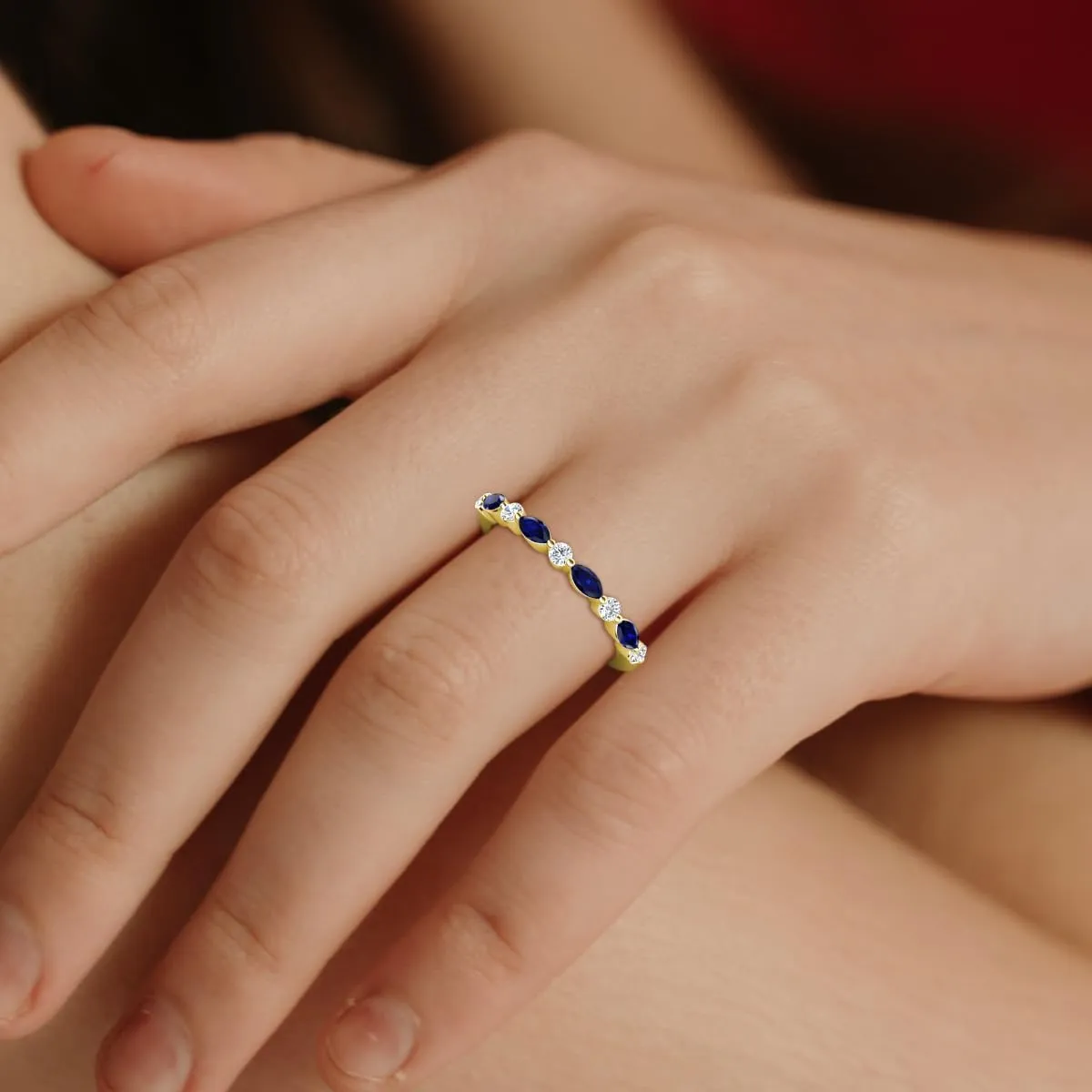 0.54 ctw Marquise Blue Sapphire and Round Natural Diamond Women Stackable Wedding Band in 10K Gold
