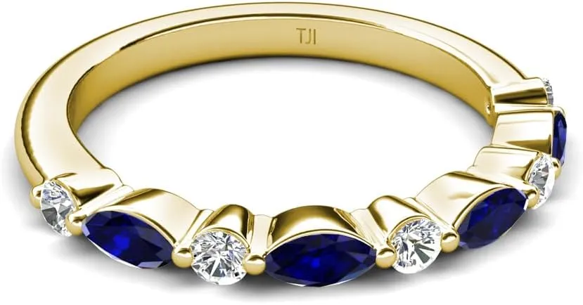 0.54 ctw Marquise Blue Sapphire and Round Natural Diamond Women Stackable Wedding Band in 10K Gold