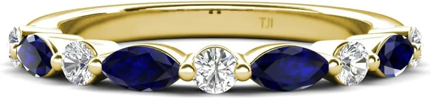 0.54 ctw Marquise Blue Sapphire and Round Natural Diamond Women Stackable Wedding Band in 10K Gold