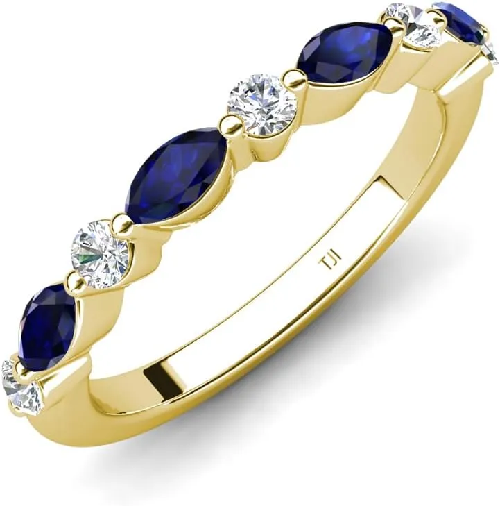 0.54 ctw Marquise Blue Sapphire and Round Natural Diamond Women Stackable Wedding Band in 10K Gold