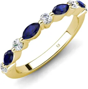 0.54 ctw Marquise Blue Sapphire and Round Natural Diamond Women Stackable Wedding Band in 10K Gold