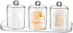 10 Oz Cotton Swab/Ball/Pad Holder with Vanity Tray, Apothecary Jar, Clear Bathroom Containers Dispenser 3 Pack