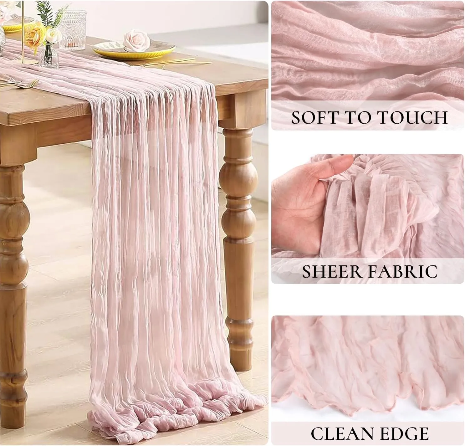 10 Pack Pink Cheesecloth Table Runners, 10FT Summer Dusty Pink Table Runner Boho Gauze Cheese Cloth Table Runner for Wedding Baby Shower Birthday Party Home Decor