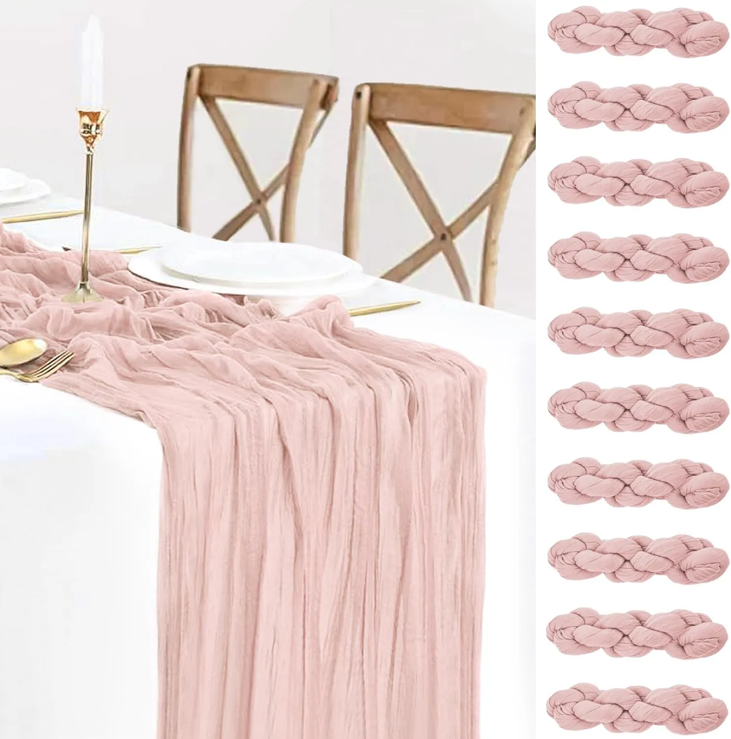10 Pack Pink Cheesecloth Table Runners, 10FT Summer Dusty Pink Table Runner Boho Gauze Cheese Cloth Table Runner for Wedding Baby Shower Birthday Party Home Decor