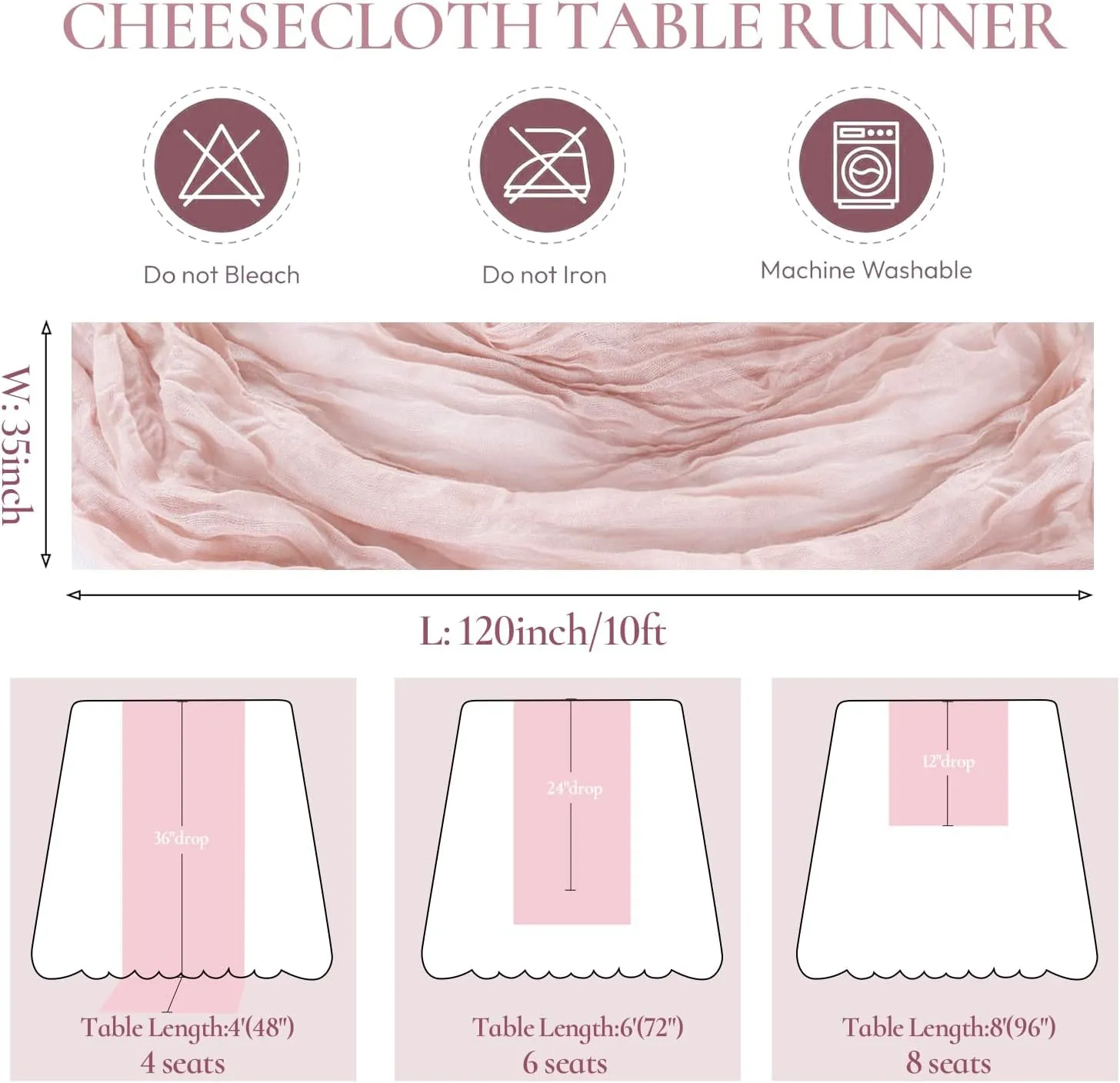 10 Pack Pink Cheesecloth Table Runners, 10FT Summer Dusty Pink Table Runner Boho Gauze Cheese Cloth Table Runner for Wedding Baby Shower Birthday Party Home Decor