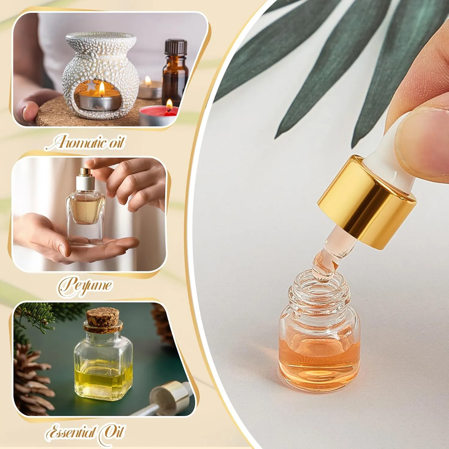 100 Pcs Mini Glass Oil Dropper Bottle Bulk, 1 ml Gold Clear Essential Small Empty Bottles Sample Containers Perfume Liquid Vials with Cap for Traveling
