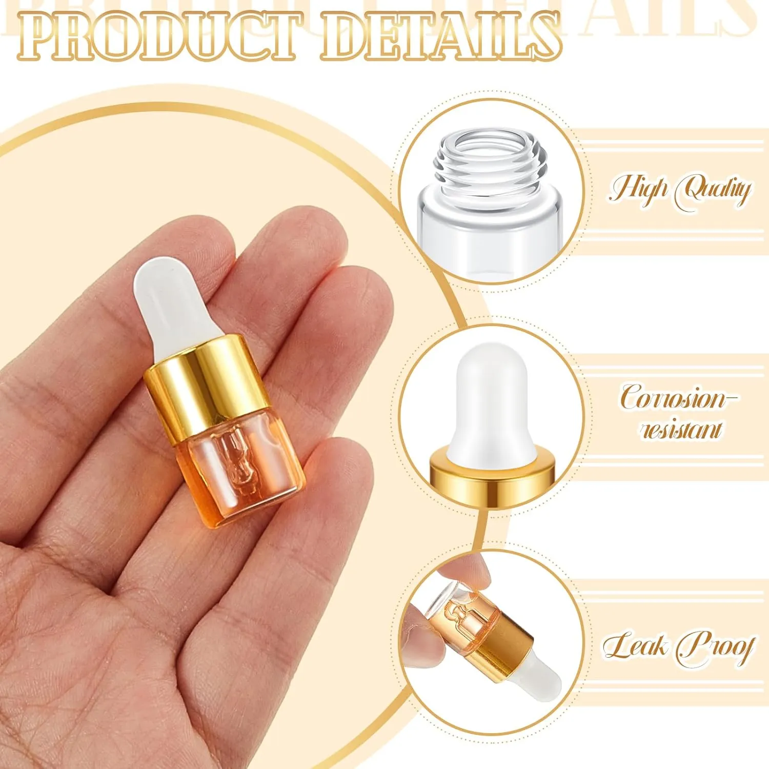 100 Pcs Mini Glass Oil Dropper Bottle Bulk, 1 ml Gold Clear Essential Small Empty Bottles Sample Containers Perfume Liquid Vials with Cap for Traveling