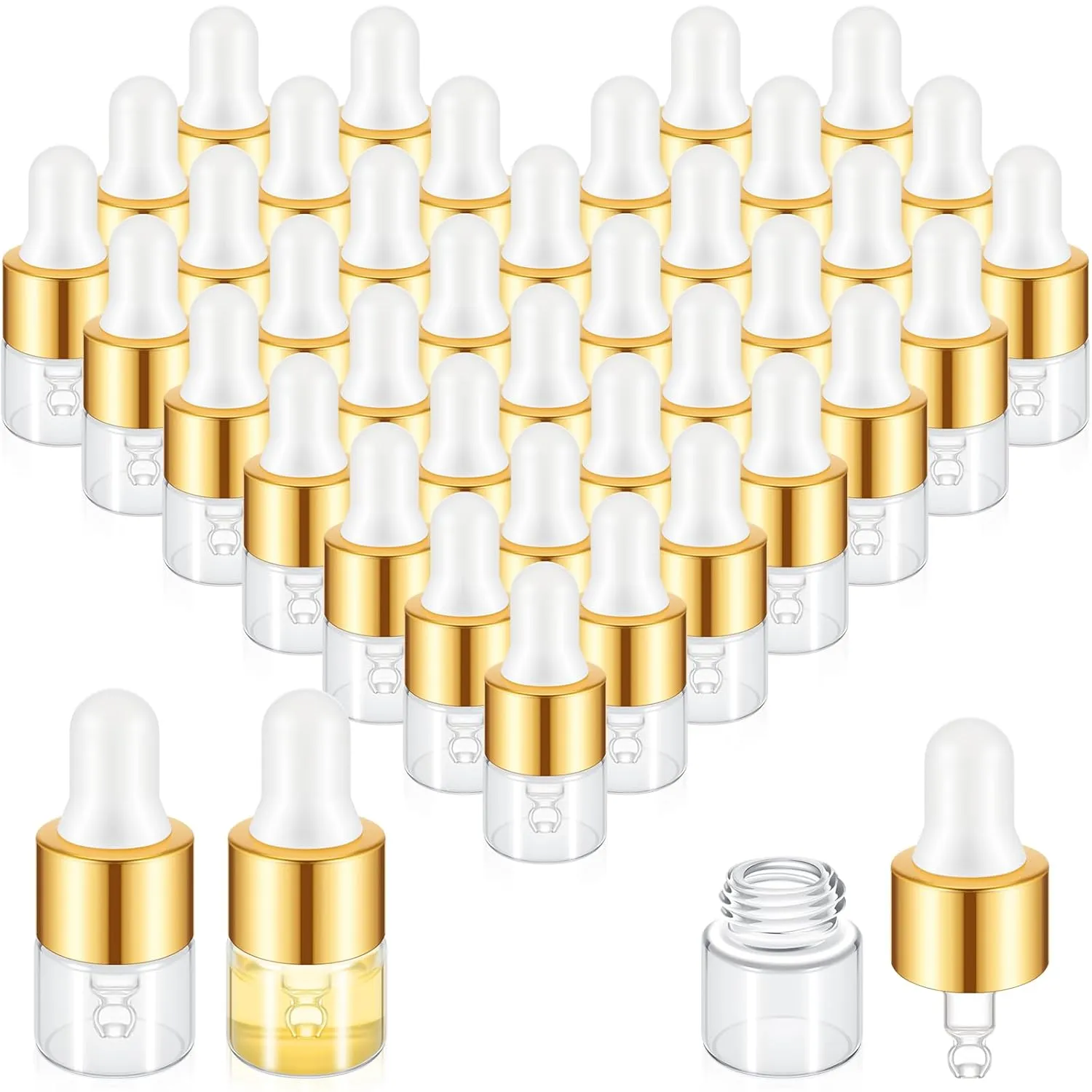 100 Pcs Mini Glass Oil Dropper Bottle Bulk, 1 ml Gold Clear Essential Small Empty Bottles Sample Containers Perfume Liquid Vials with Cap for Traveling