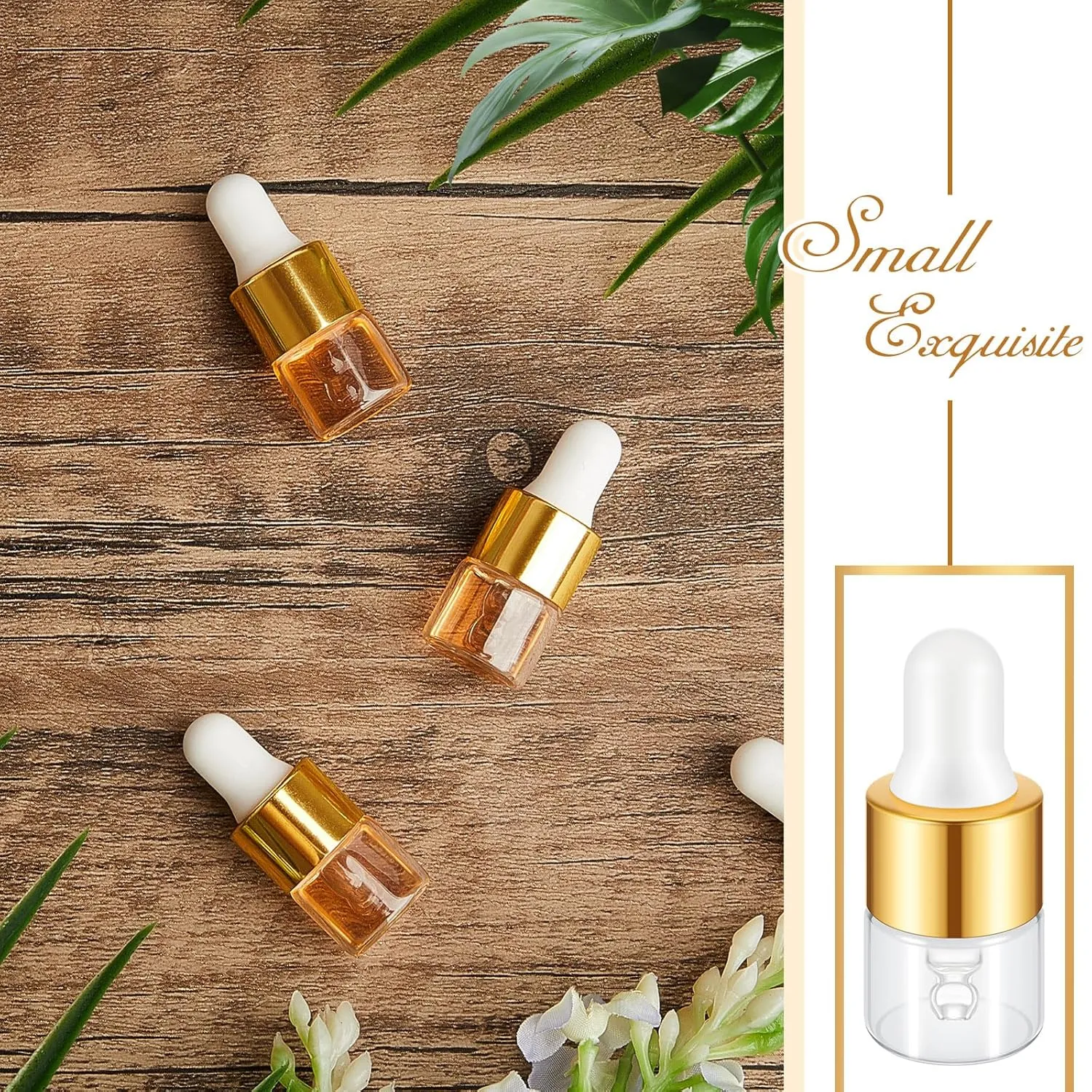 100 Pcs Mini Glass Oil Dropper Bottle Bulk, 1 ml Gold Clear Essential Small Empty Bottles Sample Containers Perfume Liquid Vials with Cap for Traveling