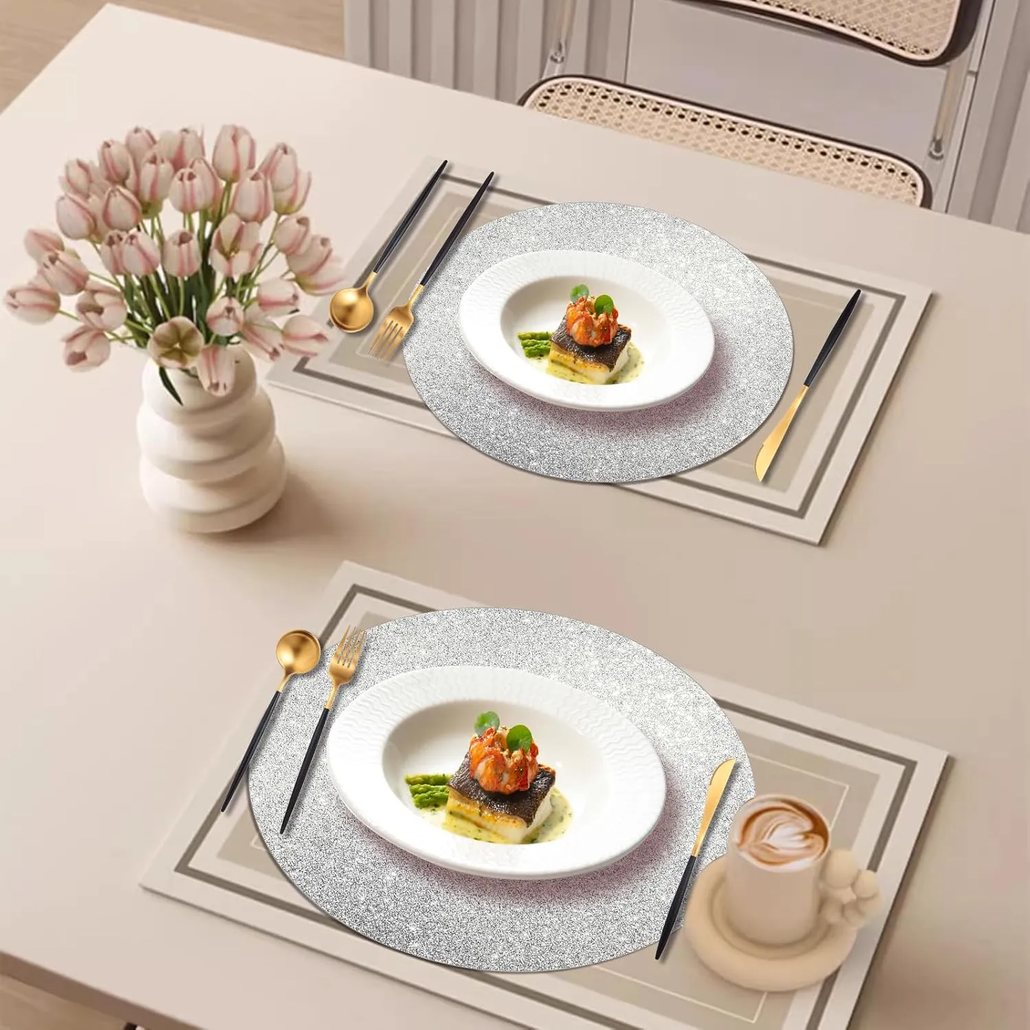100 PCS Silver Glitter Paper Place Mats, Silver Table Mats, Sparkle 13.5" Round Disposable Table Mats, for Birthday Wedding Holiday Party Home Dining Tableware