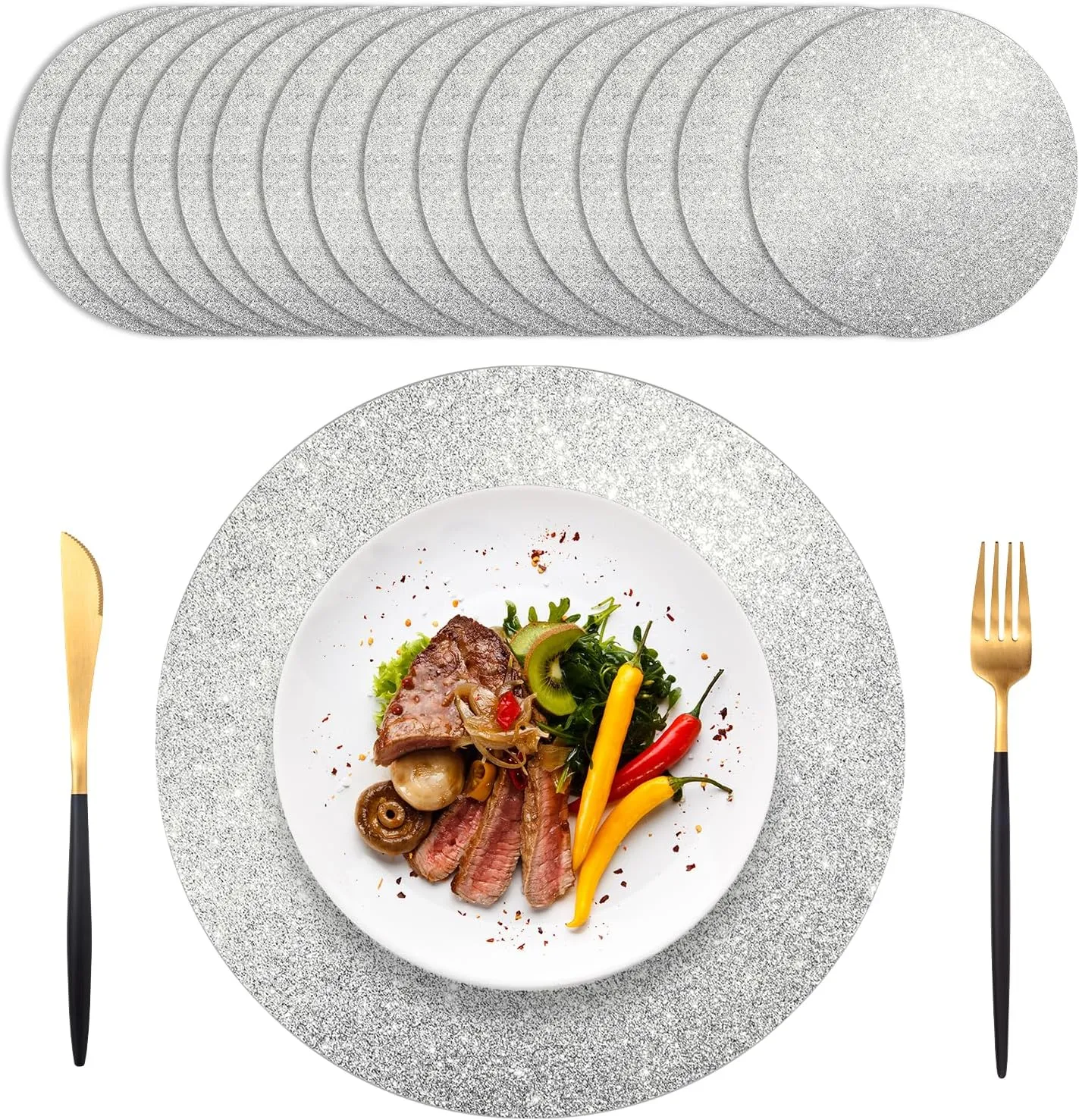 100 PCS Silver Glitter Paper Place Mats, Silver Table Mats, Sparkle 13.5" Round Disposable Table Mats, for Birthday Wedding Holiday Party Home Dining Tableware