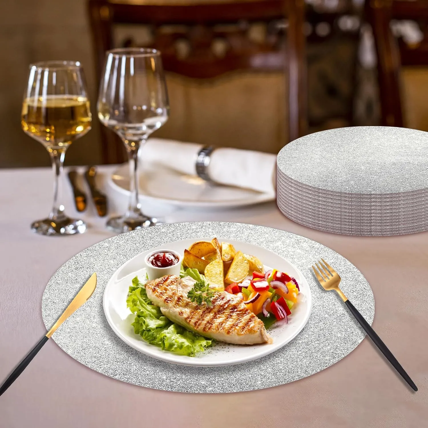 100 PCS Silver Glitter Paper Place Mats, Silver Table Mats, Sparkle 13.5" Round Disposable Table Mats, for Birthday Wedding Holiday Party Home Dining Tableware