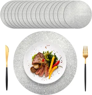 100 PCS Silver Glitter Paper Place Mats, Silver Table Mats, Sparkle 13.5" Round Disposable Table Mats, for Birthday Wedding Holiday Party Home Dining Tableware