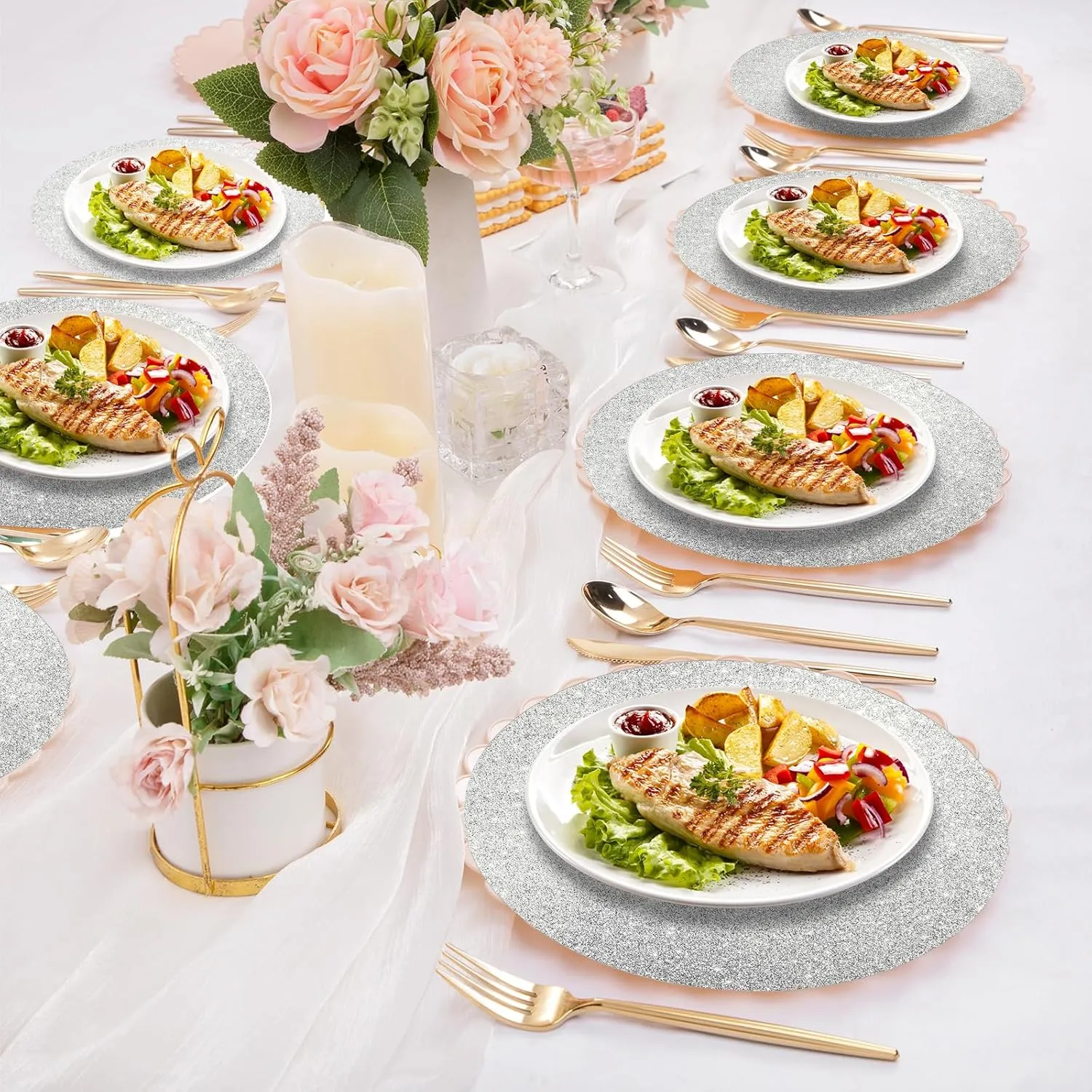 100 PCS Silver Glitter Paper Place Mats, Silver Table Mats, Sparkle 13.5" Round Disposable Table Mats, for Birthday Wedding Holiday Party Home Dining Tableware