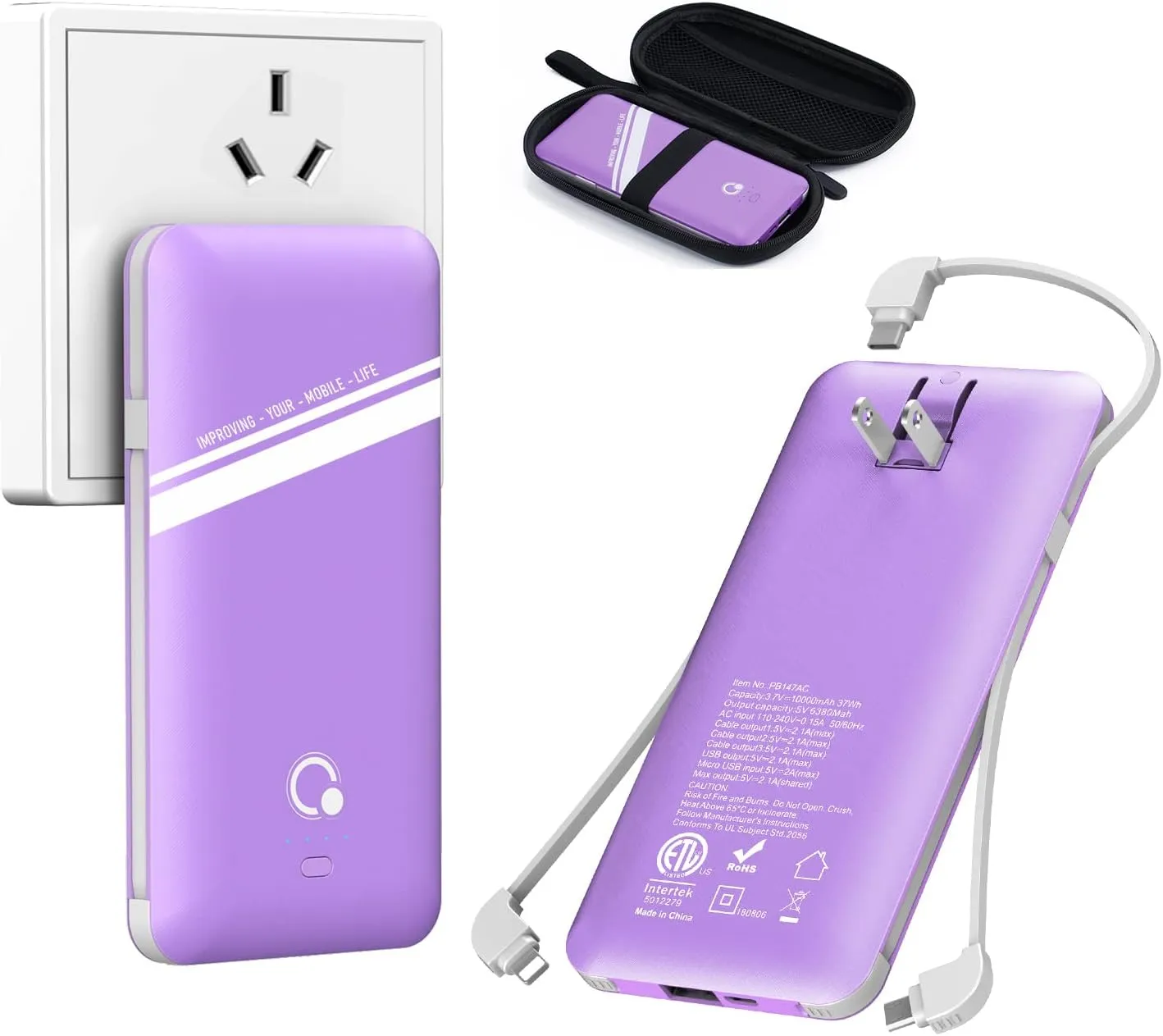 10000mAh Power Bank, Q Slim Portable Charger,4 Output External Battery Pack with Built-in AC Wall Plug Micro USB C Three Cables Compatible with Different Kinds of Mobilephone (Purple)