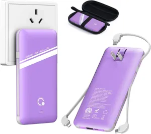 10000mAh Power Bank, Q Slim Portable Charger,4 Output External Battery Pack with Built-in AC Wall Plug Micro USB C Three Cables Compatible with Different Kinds of Mobilephone (Purple)
