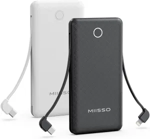 10000mAh Slim Portable Charger with Built in Cable, Power Bank Travel Charger External Battery Pack for Phone, 4 Output USB Type C Cord Clutch Charger Compatible with iPhone, 2 Pack Black & White