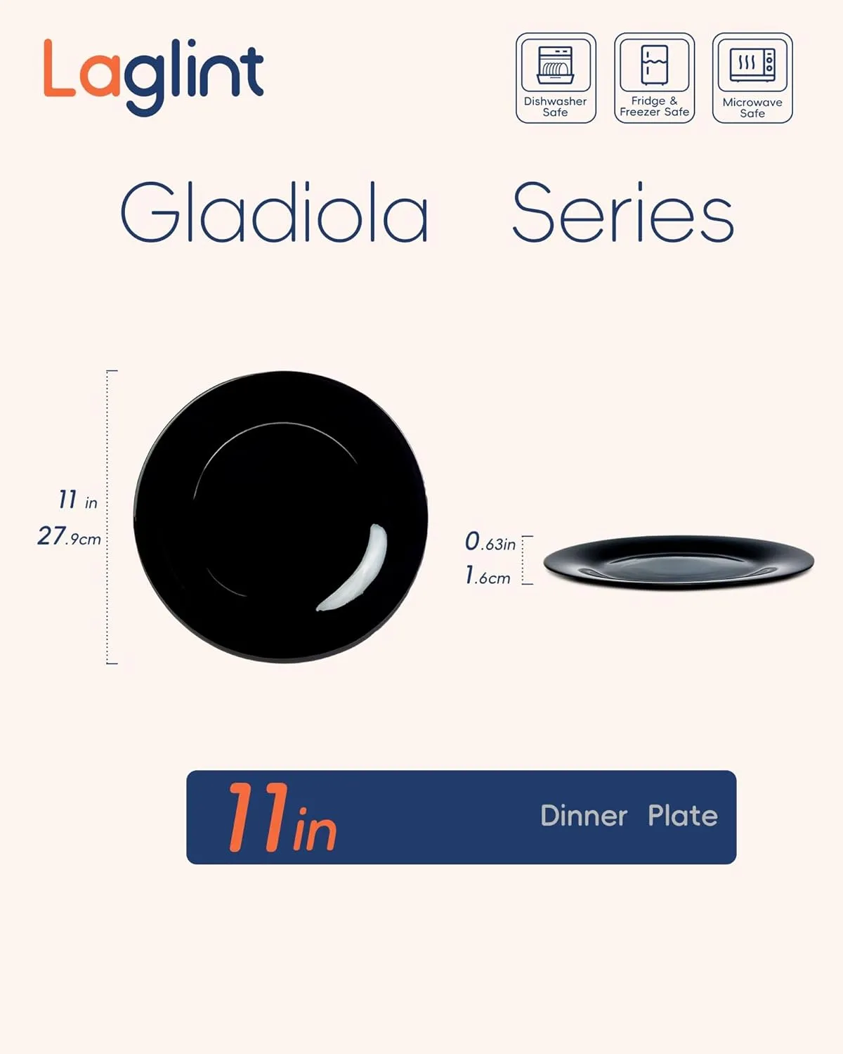 11 inch Dinner Plate Set of 6, Lightweight Round Opal Glass Black Dinnerware Plates, Dishwasher and Microwave Safe