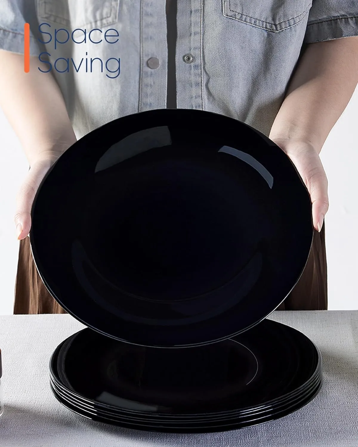 11 inch Dinner Plate Set of 6, Lightweight Round Opal Glass Black Dinnerware Plates, Dishwasher and Microwave Safe
