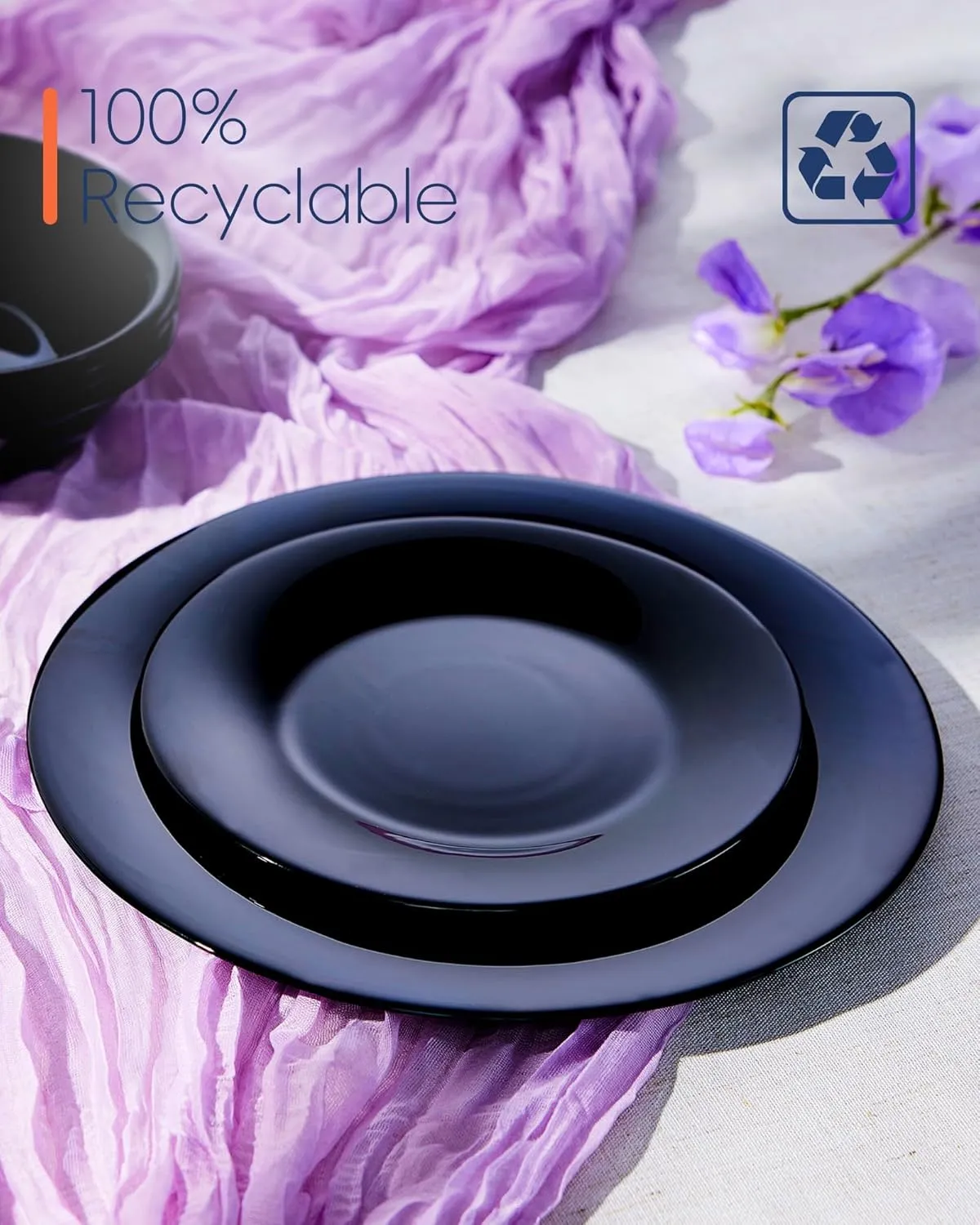 11 inch Dinner Plate Set of 6, Lightweight Round Opal Glass Black Dinnerware Plates, Dishwasher and Microwave Safe