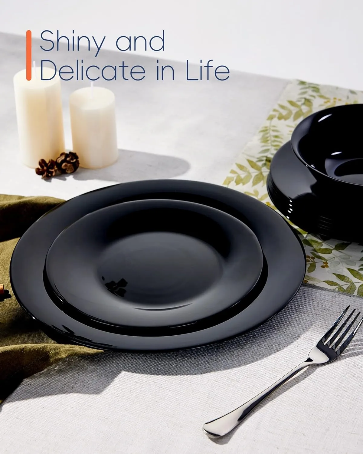 11 inch Dinner Plate Set of 6, Lightweight Round Opal Glass Black Dinnerware Plates, Dishwasher and Microwave Safe