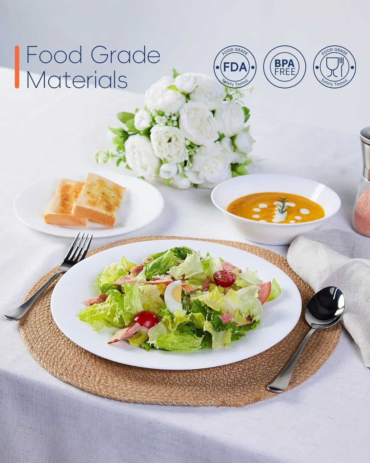 11 inch Dinner Plate Set of 6, Lightweight Round Opal Glass White Dinnerware Plates, Dishwasher and Microwave Safe