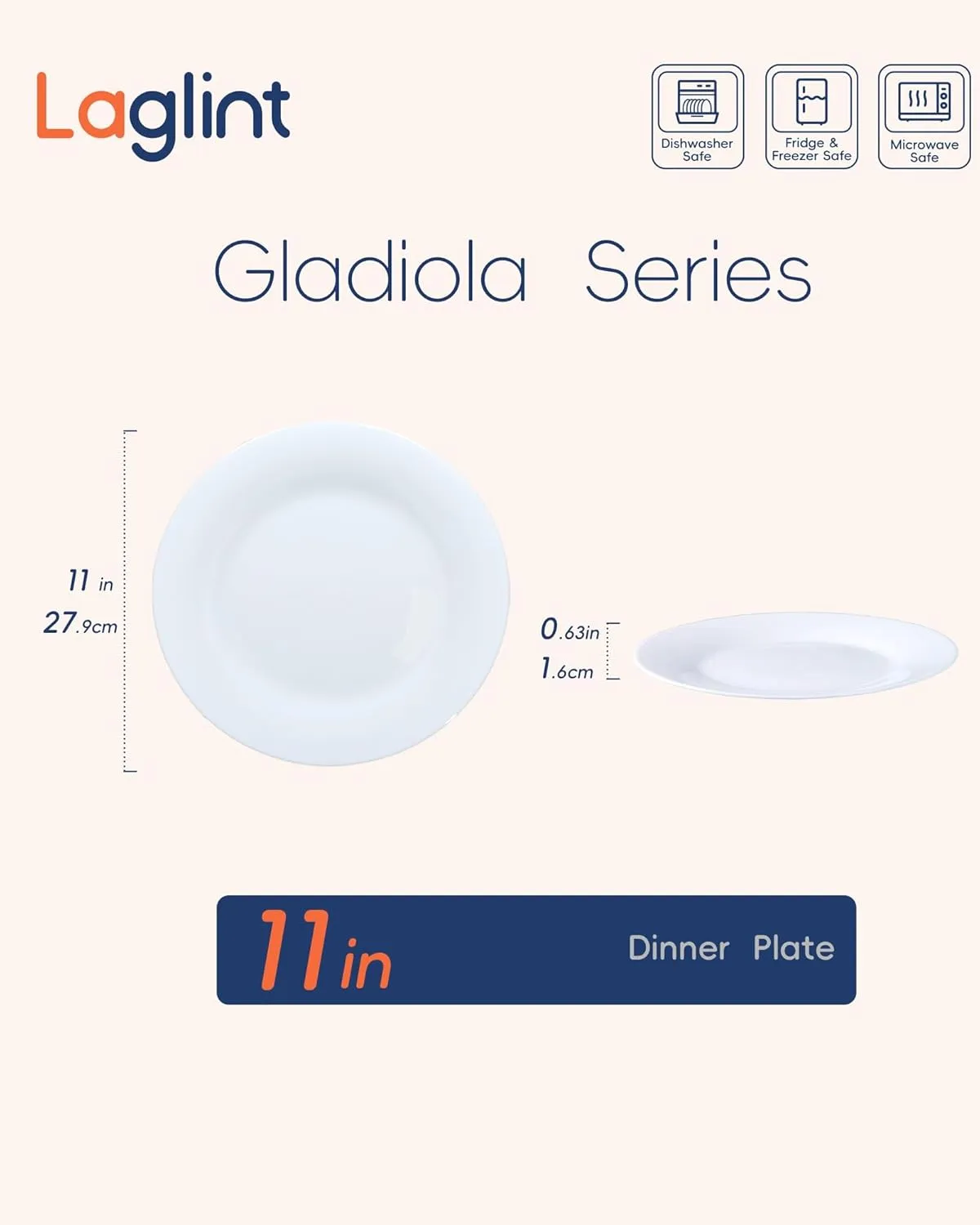 11 inch Dinner Plate Set of 6, Lightweight Round Opal Glass White Dinnerware Plates, Dishwasher and Microwave Safe