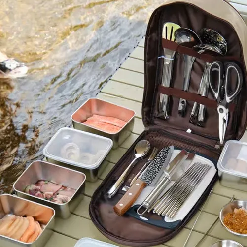 11pcs Set Camping Kitchen Cookware Set 304 stainless steel  Portable Outdoor Travel Utensils Stainless Steel Cooking and Grilling Set for BBQ Picnic