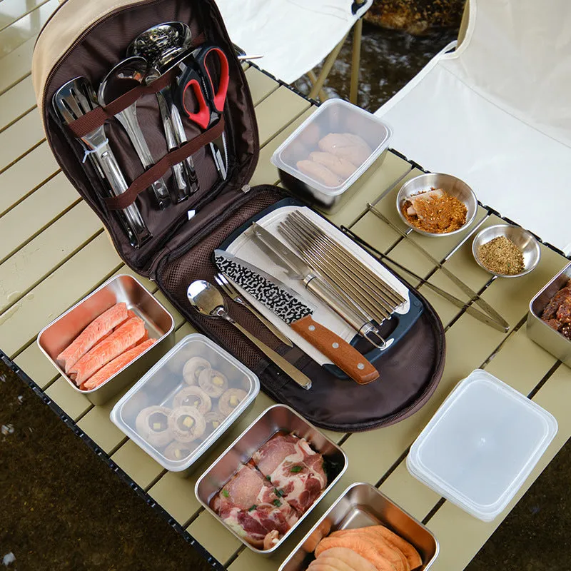 11pcs Set Camping Kitchen Cookware Set 304 stainless steel  Portable Outdoor Travel Utensils Stainless Steel Cooking and Grilling Set for BBQ Picnic