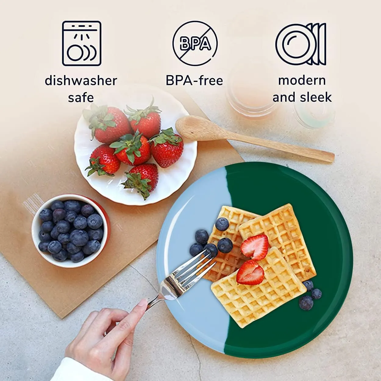 1/2 & 1/2 Melamine Side Plates Set of 4, Chip and Break-Resistant, Durable Salad Plates, Kid-Friendly Dessert Plates for Indoor and Outdoor, Dishwasher Safe, Green/Sky Blue