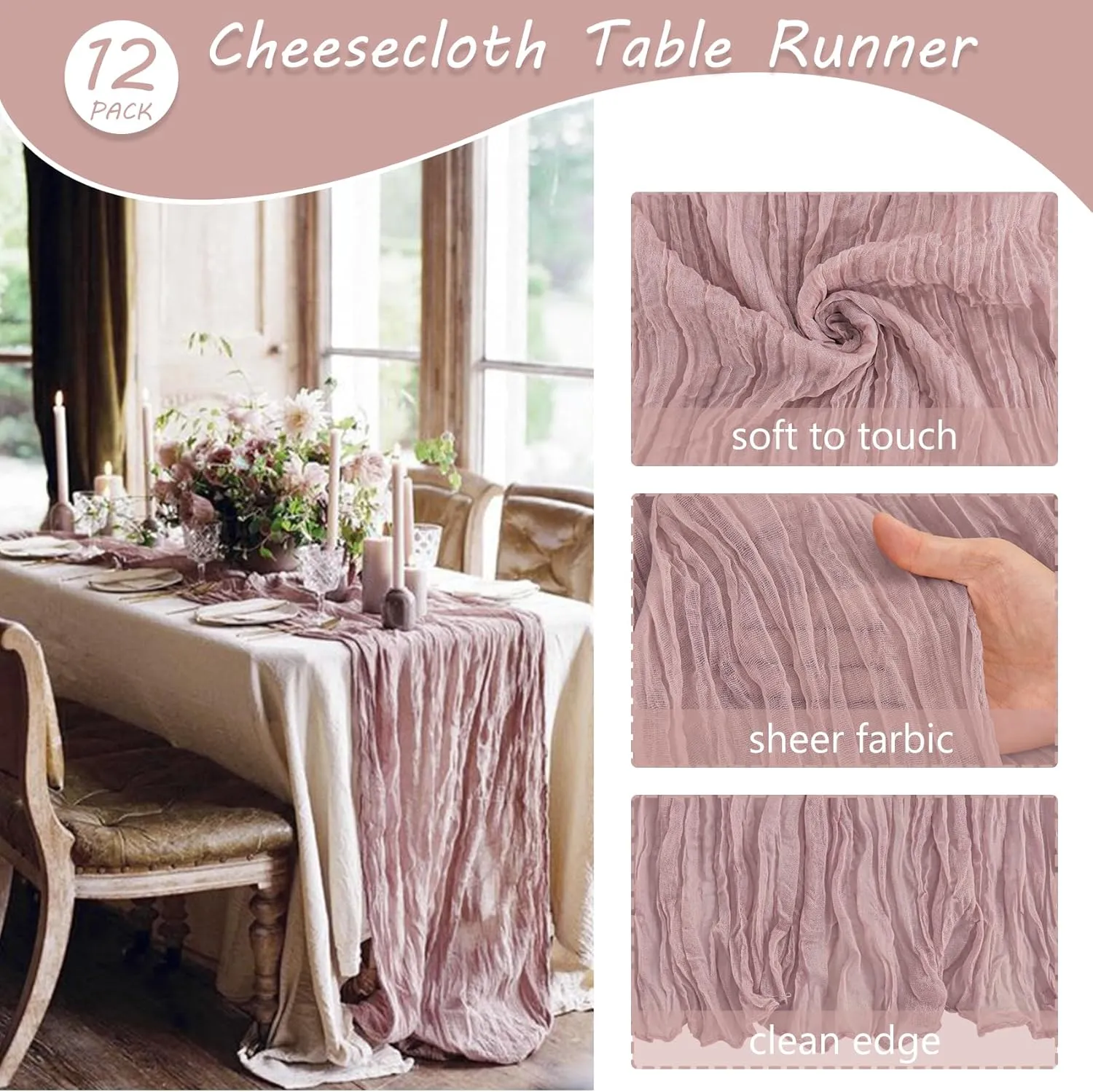 12 Pack 10Ft Cheesecloth Table Runner 35x120 Inch Boho Gauze Rustic Cheese Cloth Long Romantic Table Runner for Wedding Bridal Shower Birthday Party Table Decor (Dusty Pink)