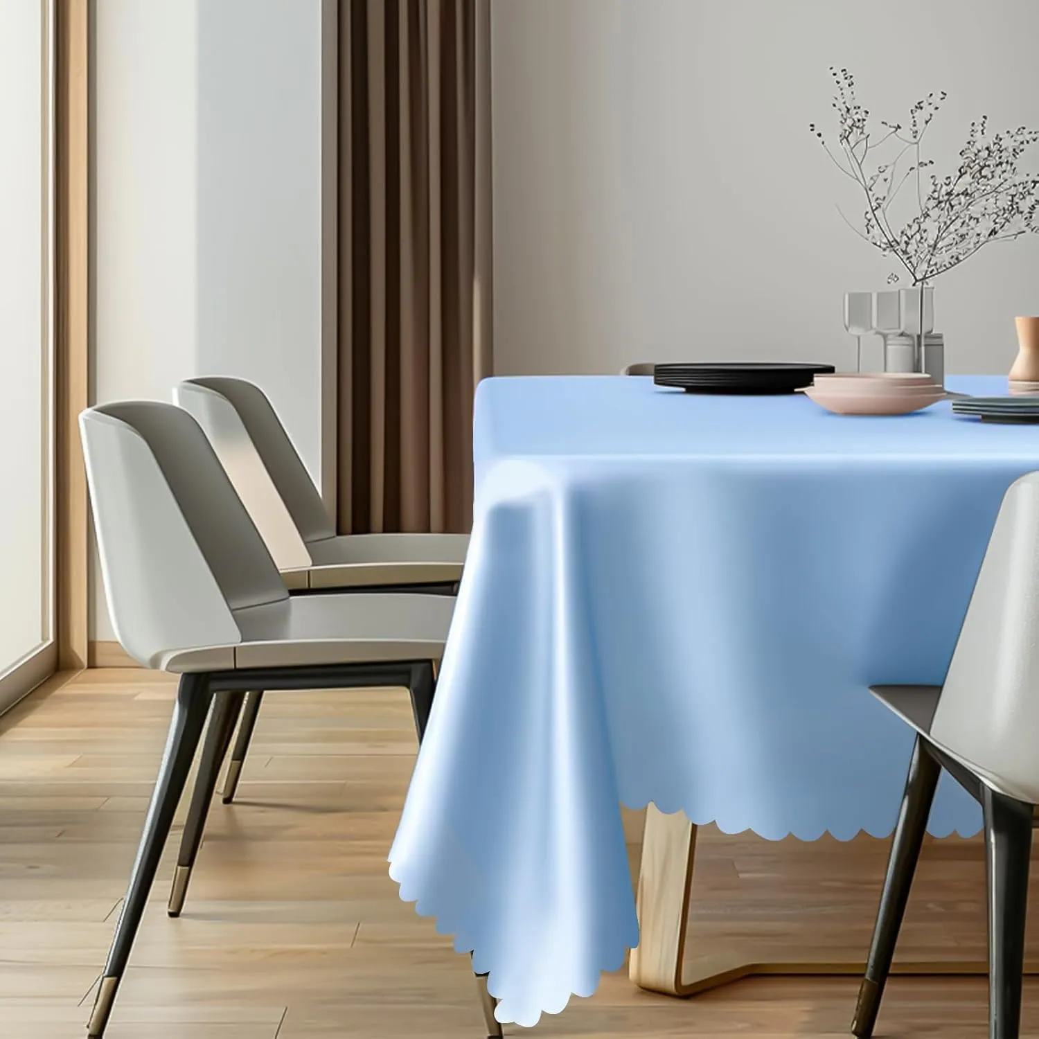 12 Pack Plastic Light Blue Tablecloth, 54 X 108Inch Graduation Scalloped Table Cloth for Rectangle Tables Disposable Spring Table Cover for Picnic Birthday Dinner Holiday Graduation Celebration Party