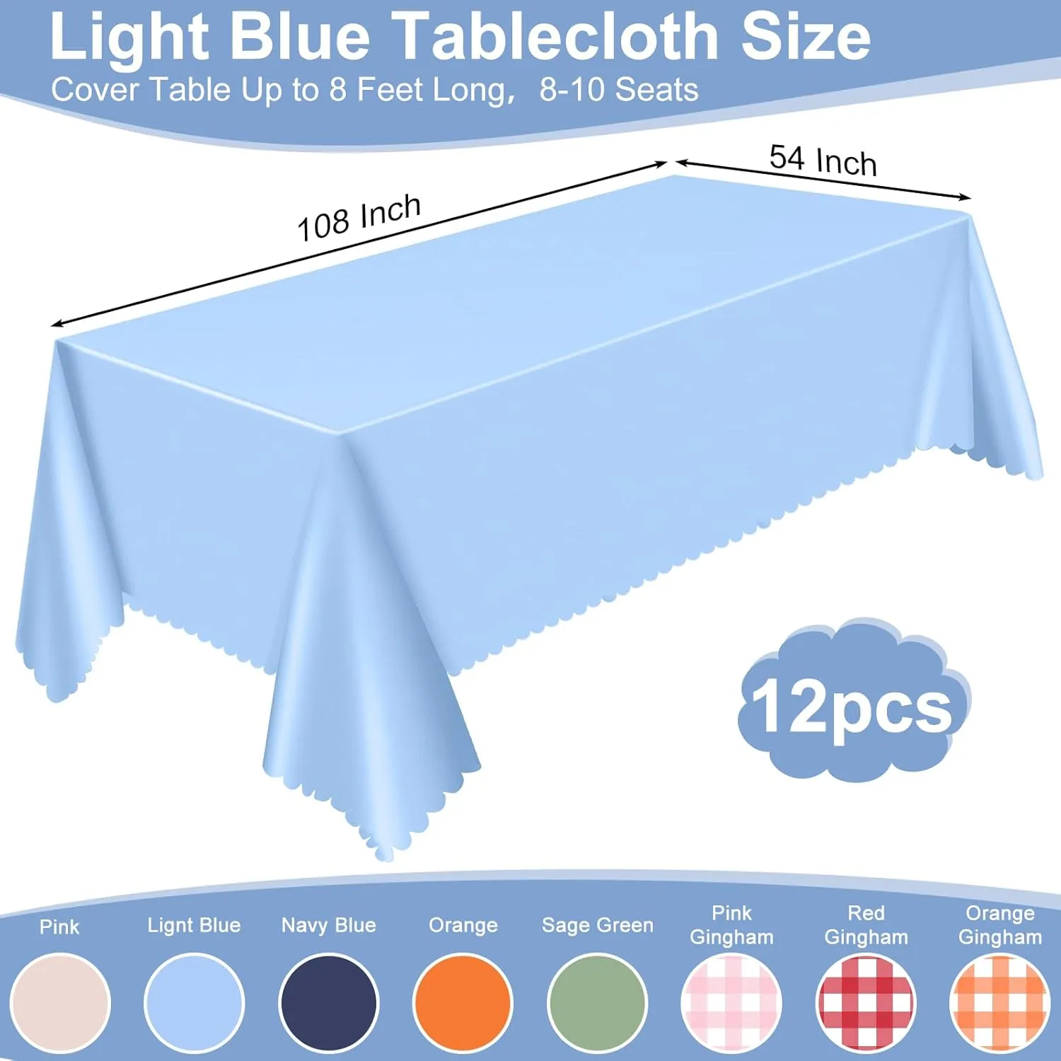 12 Pack Plastic Light Blue Tablecloth, 54 X 108Inch Graduation Scalloped Table Cloth for Rectangle Tables Disposable Spring Table Cover for Picnic Birthday Dinner Holiday Graduation Celebration Party