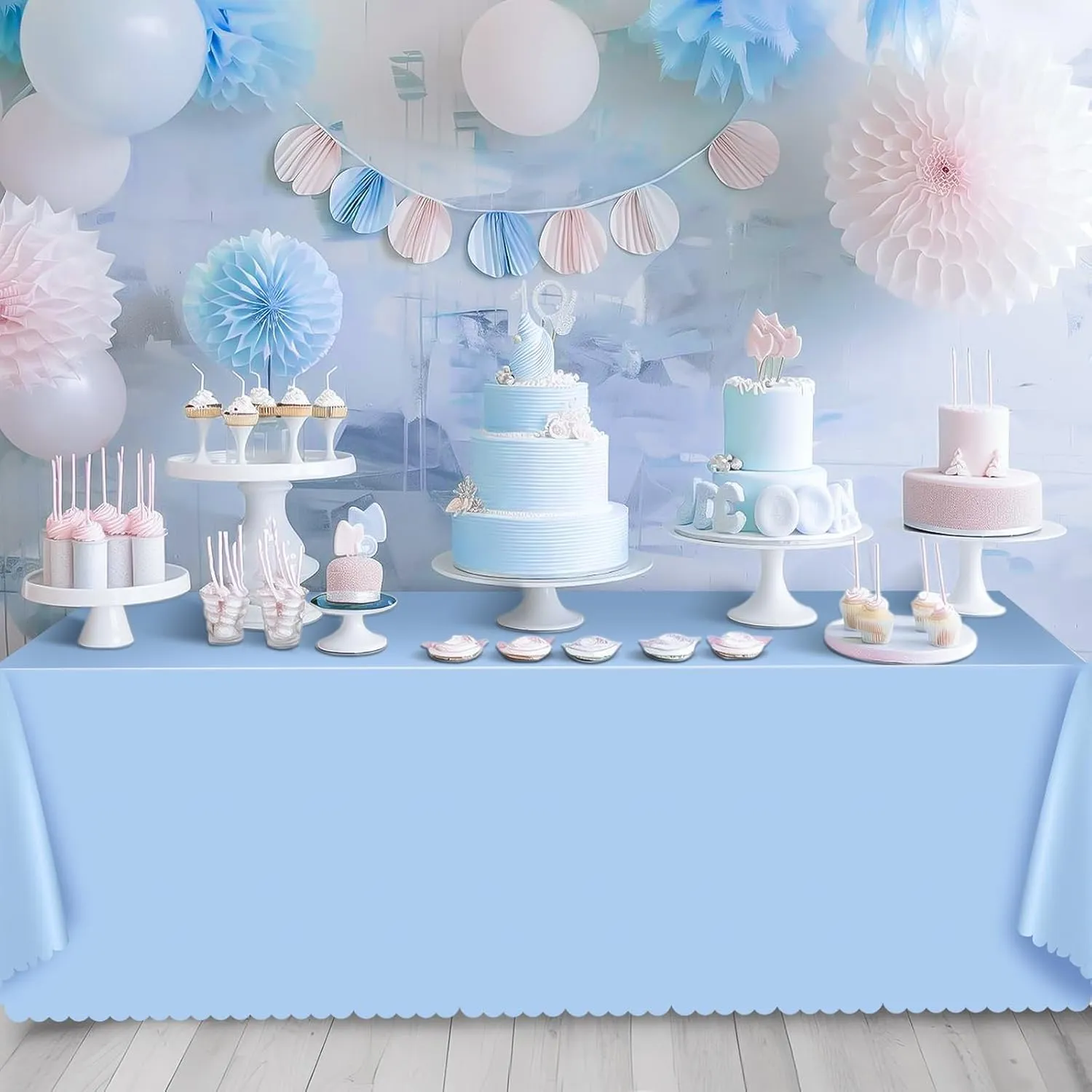 12 Pack Plastic Light Blue Tablecloth, 54 X 108Inch Graduation Scalloped Table Cloth for Rectangle Tables Disposable Spring Table Cover for Picnic Birthday Dinner Holiday Graduation Celebration Party