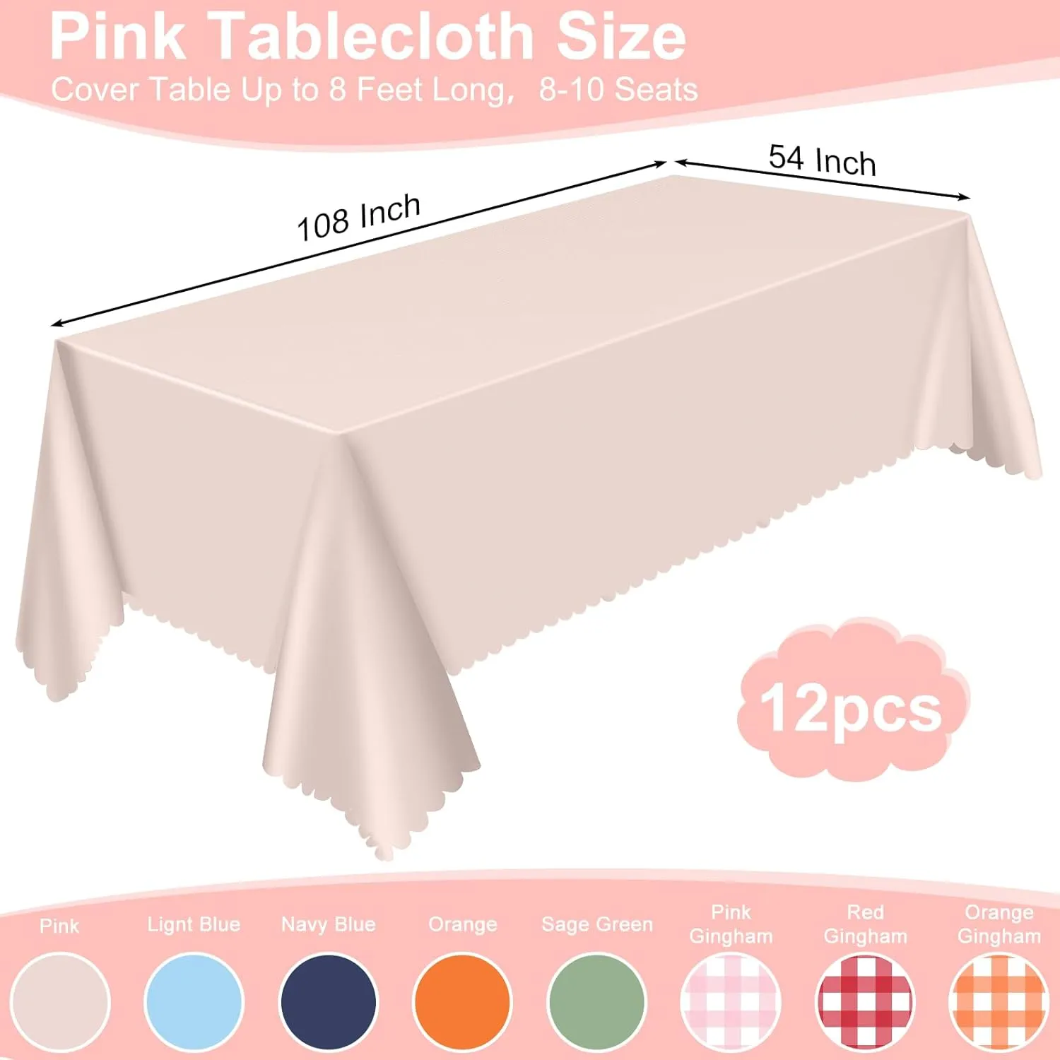12 Pack Plastic Light Pink Tablecloth, 54 X 108Inch Party Table Covers Pink Scalloped Table Cloth for Rectangle Tables Disposable Tables Cover for Picnic Baby Shower Tea Party Wedding Bridal
