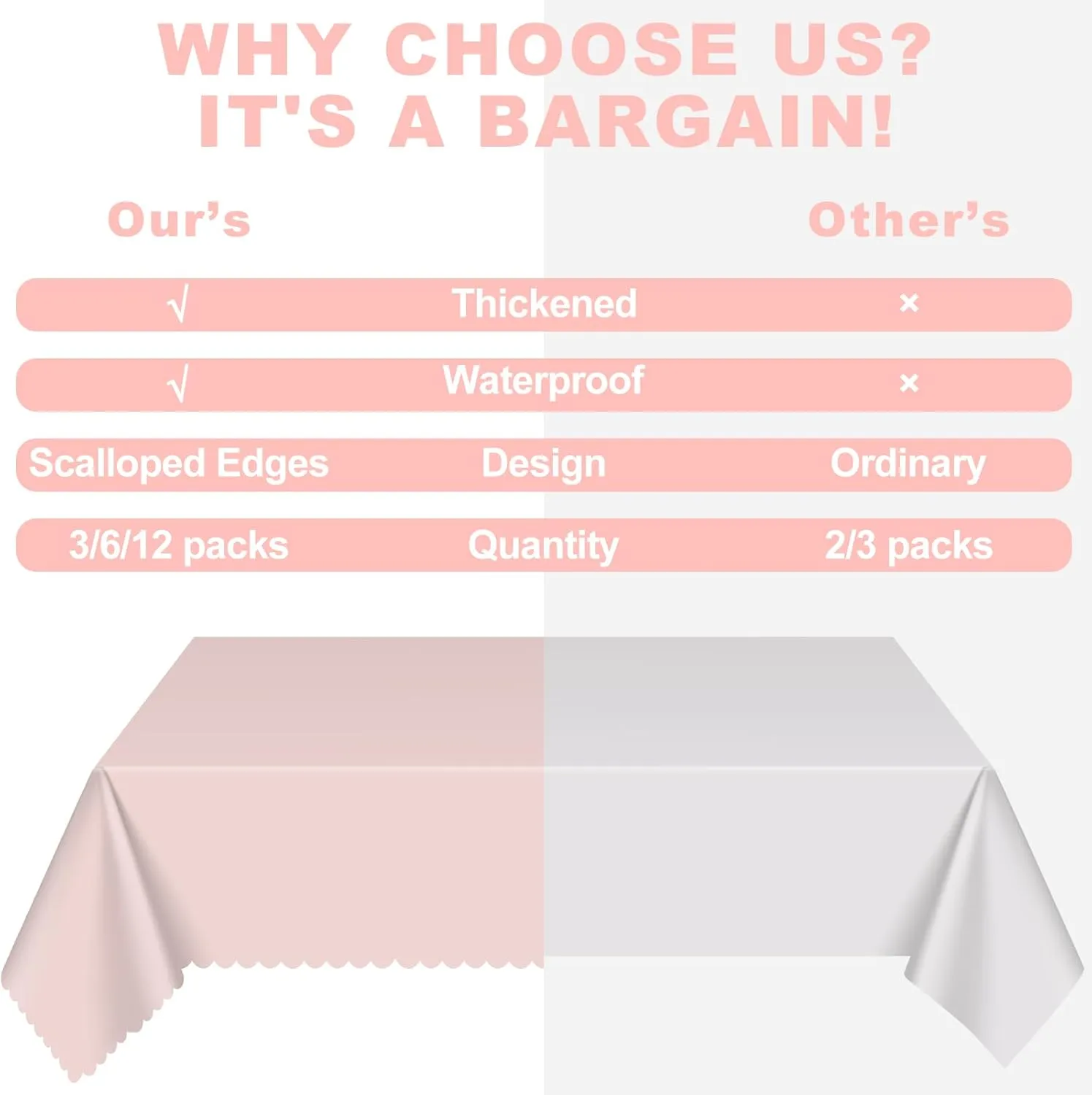 12 Pack Plastic Light Pink Tablecloth, 54 X 108Inch Party Table Covers Pink Scalloped Table Cloth for Rectangle Tables Disposable Tables Cover for Picnic Baby Shower Tea Party Wedding Bridal