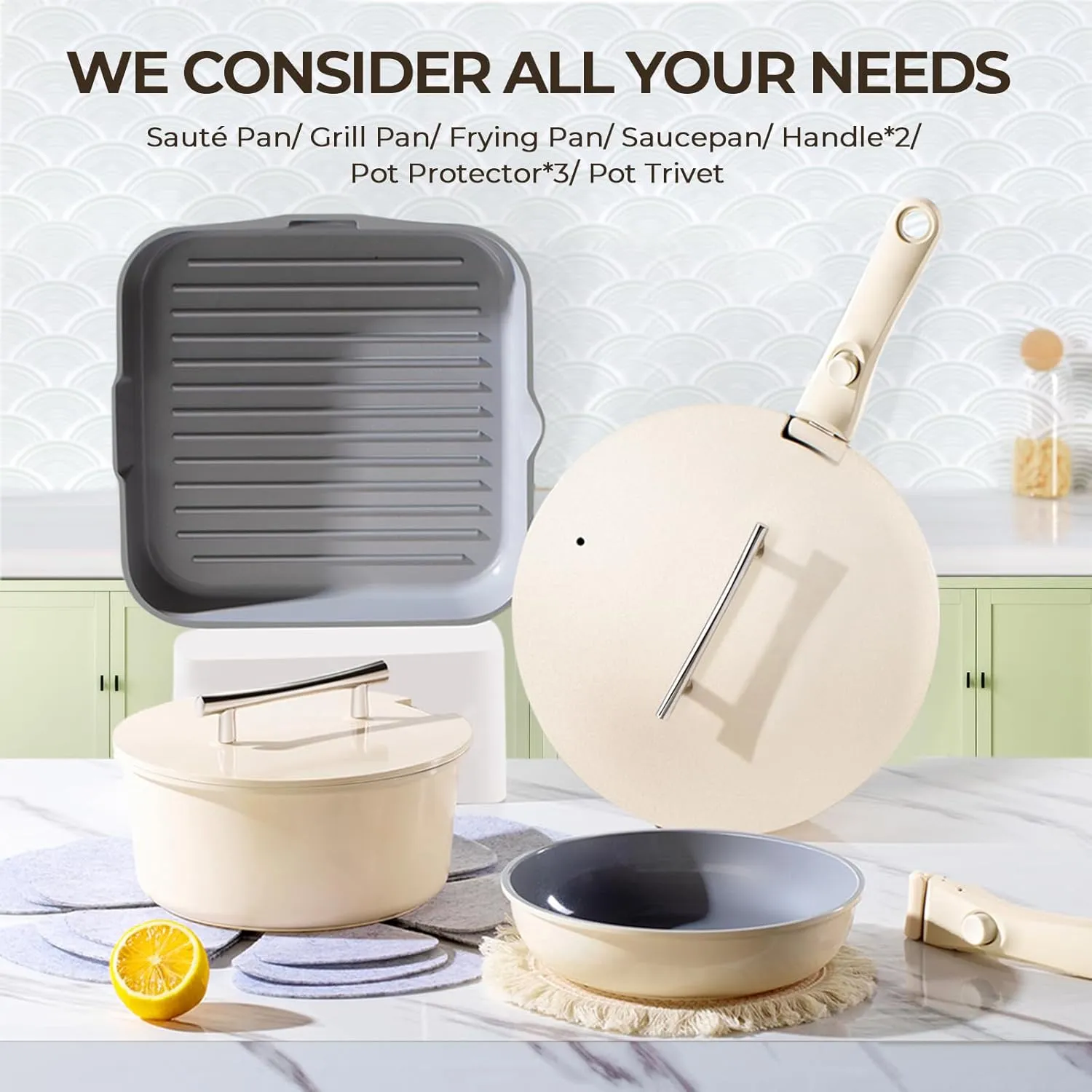 12 Pcs Nonstick Ceramic Cookware Set With Detachable Handle - Pots and Pans With Lids, Non Toxic, RV and Camping Cooking Set, PTFE & PFOA Free, Oven Safe, Space Saving - Cream