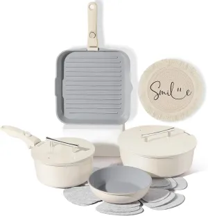 12 Pcs Nonstick Ceramic Cookware Set With Detachable Handle - Pots and Pans With Lids, Non Toxic, RV and Camping Cooking Set, PTFE & PFOA Free, Oven Safe, Space Saving - Cream