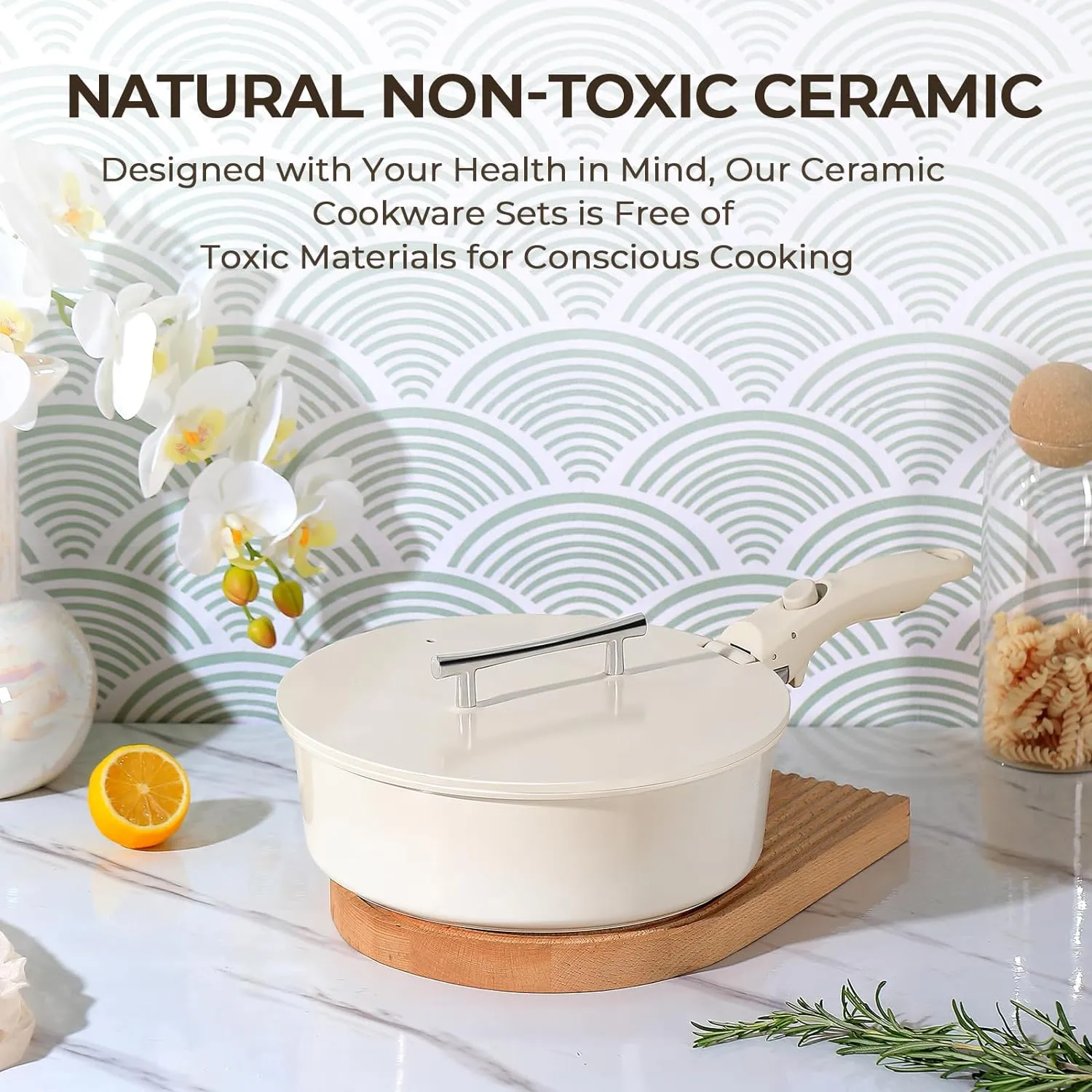 12 Pcs Nonstick Ceramic Cookware Set With Detachable Handle - Pots and Pans With Lids, Non Toxic, RV and Camping Cooking Set, PTFE & PFOA Free, Oven Safe, Space Saving - Cream