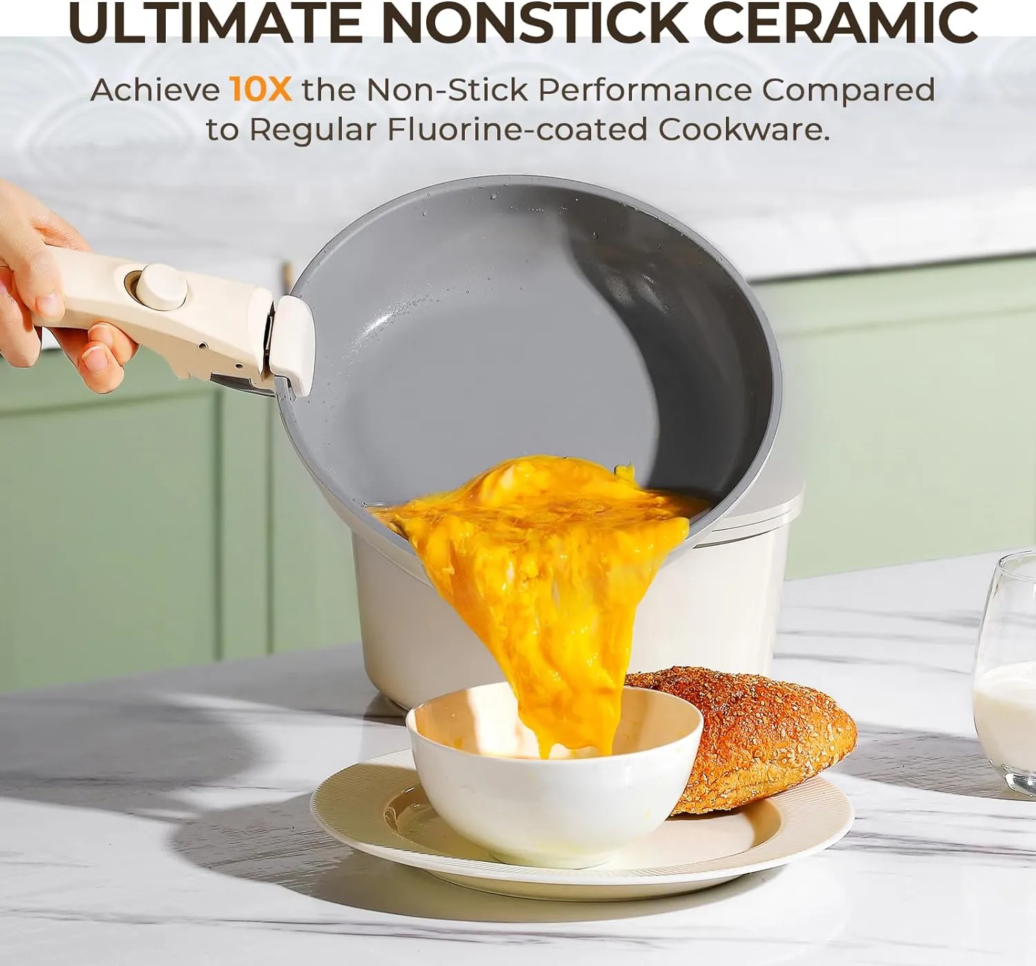 12 Pcs Nonstick Ceramic Cookware Set With Detachable Handle - Pots and Pans With Lids, Non Toxic, RV and Camping Cooking Set, PTFE & PFOA Free, Oven Safe, Space Saving - Cream