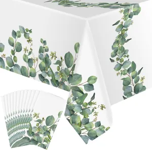 12 Pcs Sage Green Tablecloth Plastic Eucalyptus Leaf Table Cover Rectangle Disposable Table Cloth for Bridal Baby Shower Birthday Sage Green Party Decor