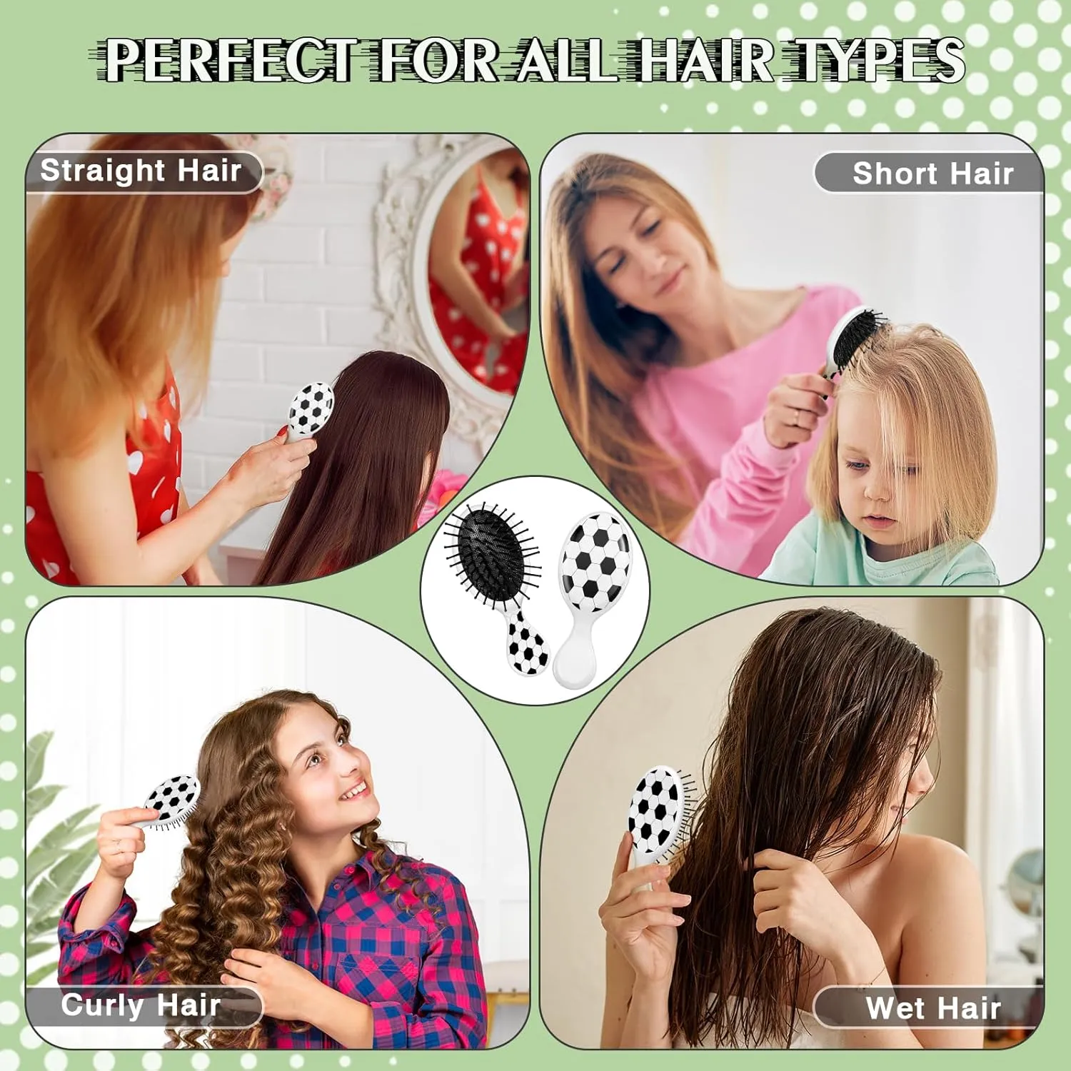 12 Pcs Soccer Mini Detangler Brush, Mini Travel Hair Brush, Bristles Plastic Detangling Brush, No Tangle Soft Flexible Bristles for Straight, Curly, Thick Hair for Soccer Team Gift Sport Party