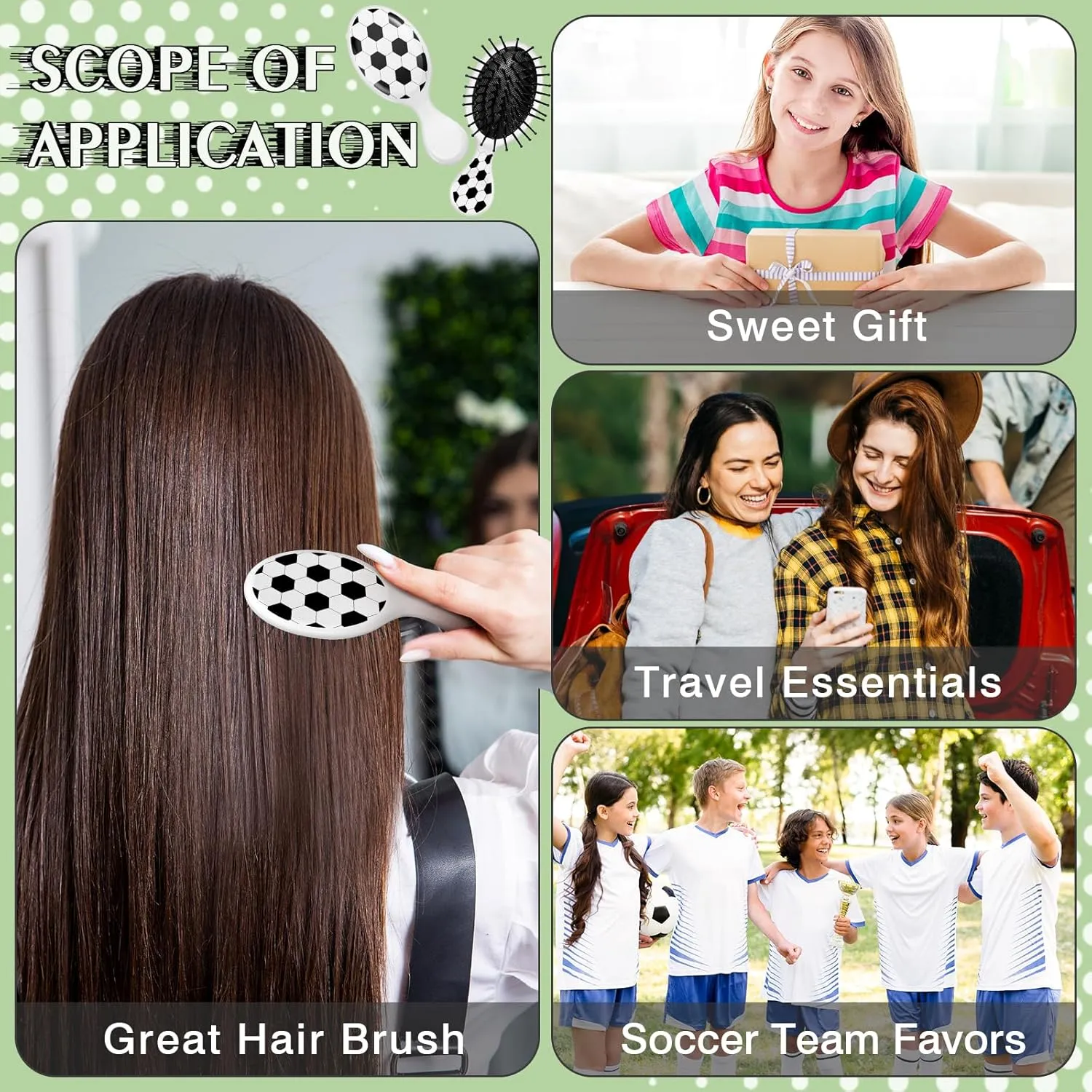 12 Pcs Soccer Mini Detangler Brush, Mini Travel Hair Brush, Bristles Plastic Detangling Brush, No Tangle Soft Flexible Bristles for Straight, Curly, Thick Hair for Soccer Team Gift Sport Party
