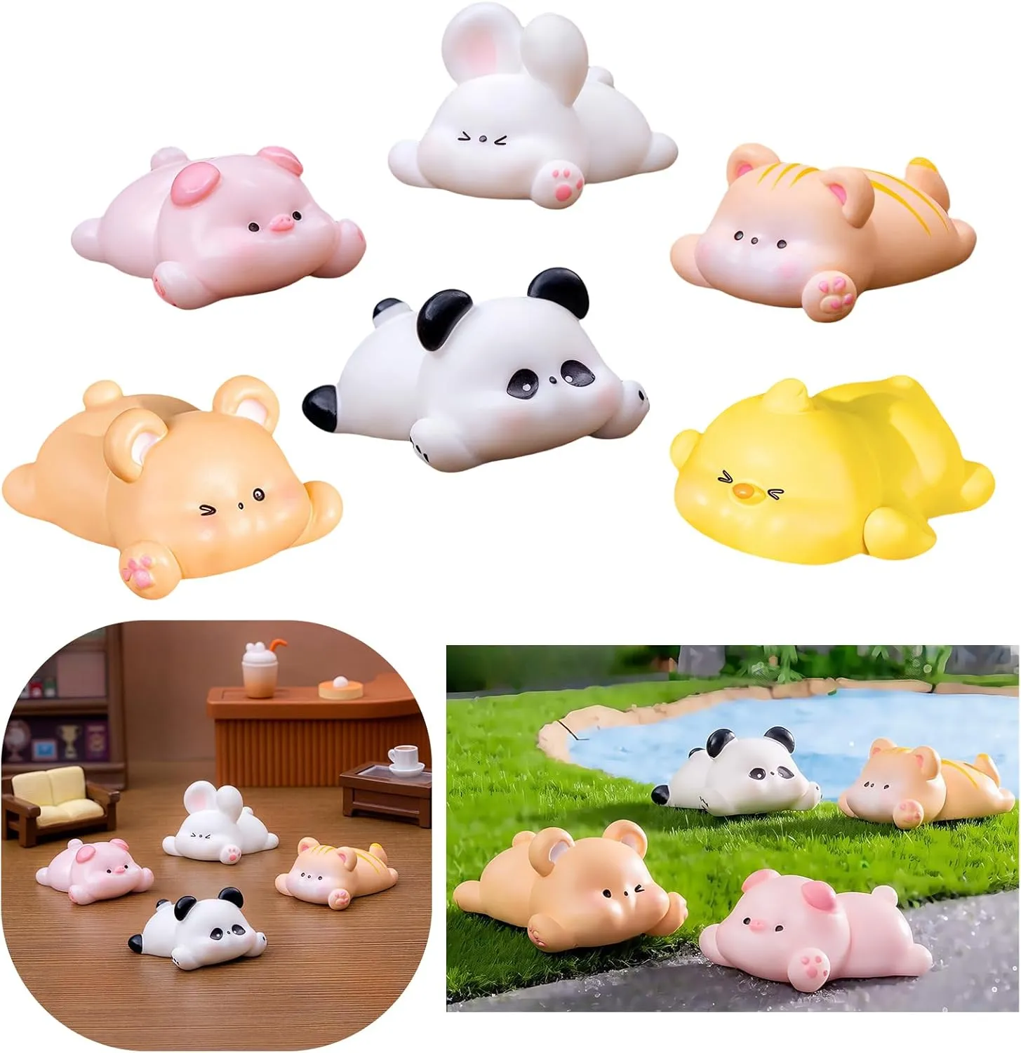 12PCS Mini Resin Lazy Pals Panda Pig Duck Bear Rabbit Cat- Tiny Animal Figurines for Party Favors, Dollhouse Decor, Fairy Garden,Cute Micro Landscape Supplies for Ornament Fishtank Crafts