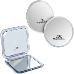 12X/1X Square Double Sided Magnifying Mini Compact Makeup Mirror for Travel - Portable, Handheld & 20X & 7X Magnifying Mirror Set Combo with 3 Suction Cups Each -Compact & Travel Ready (Glass) Bundle