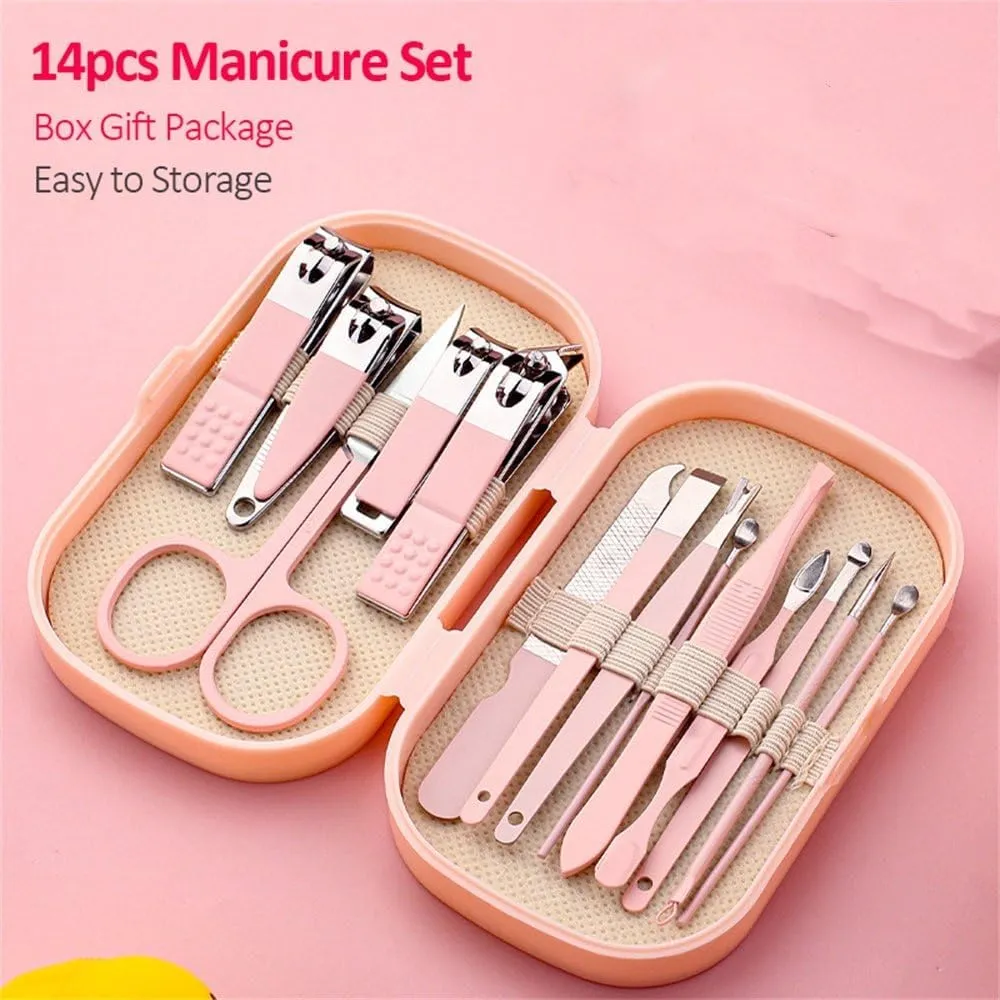 14 Piece Manicure & Pedicure Set Pink and Blue Stainless Steel Nail Scissors, Clippers, Ear Digging Spoon for Men & Women,SET110,Green